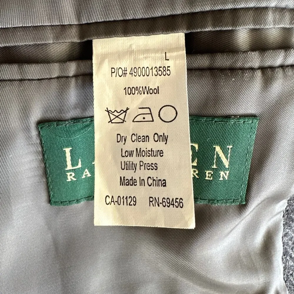 Lauren Ralph Lauren 100%‎ Wool Herringbone Classic 2 Button Gray Blazer Jacket L